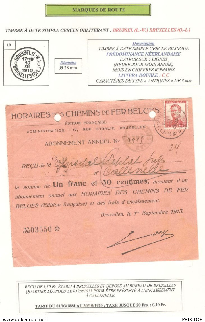 TP 118 S/Reçu De 1,30 Frs Etabli à BXL Déposée BXL(Q-L) 5/9/1913 Présentation à Callenelle Label Payera Au Bureau - 1912 Pellens