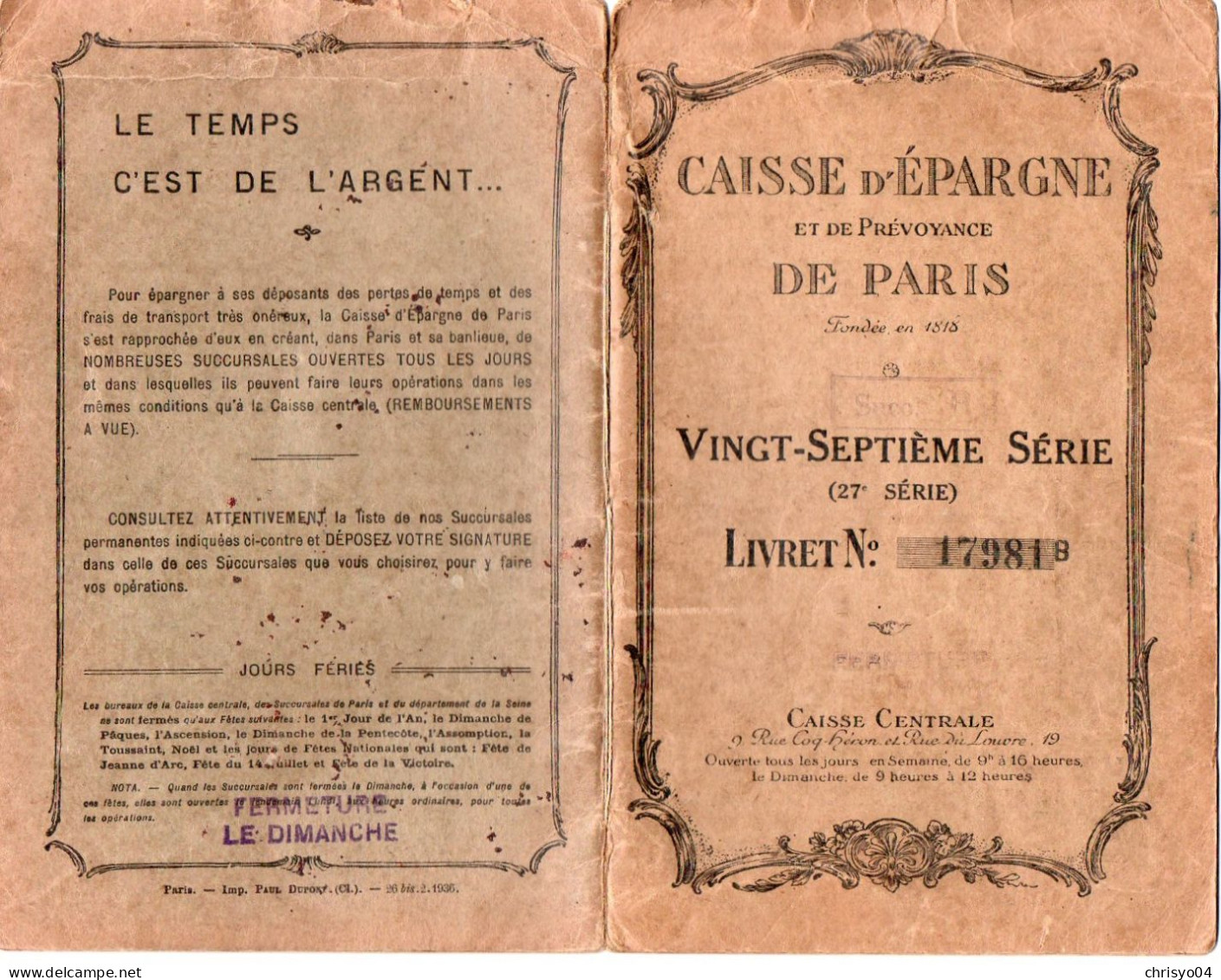 4V3Y    Livret Ancien De La Caisse D'Epargne De Paris 1937 - Autres & Non Classés