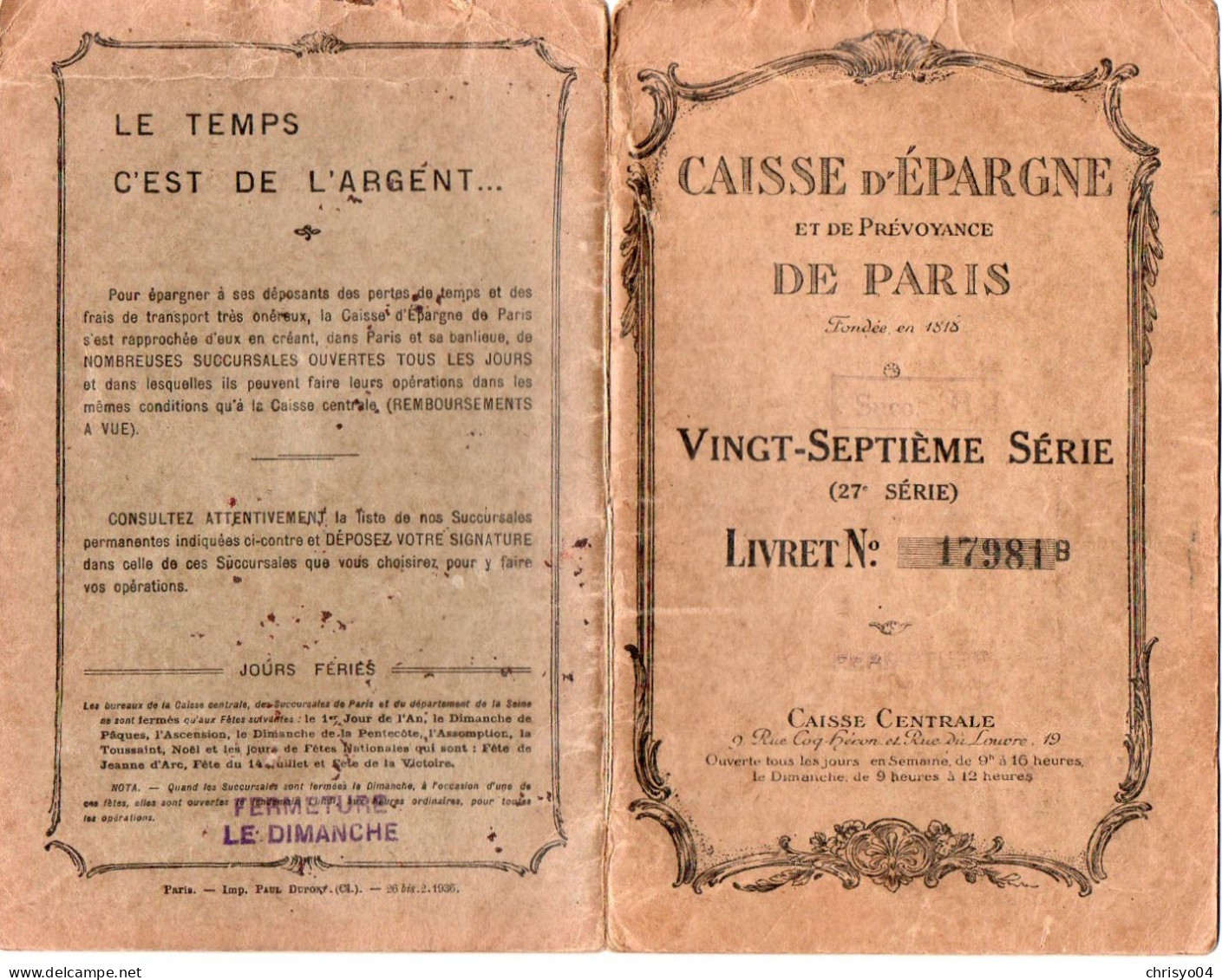 4V3Y    Livret Ancien De La Caisse D'Epargne De Paris 1937 - Altri & Non Classificati