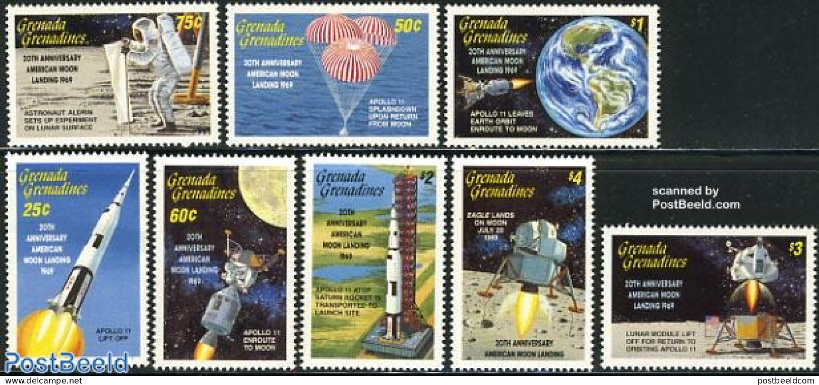 Grenada Grenadines 1989 Moonlanding Anniversary 8v, Mint NH, Transport - Space Exploration - Grenada (1974-...)