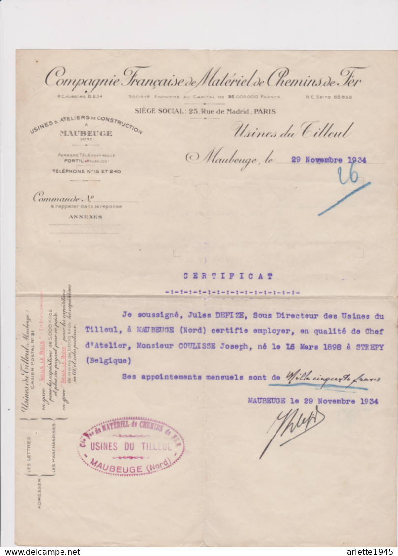 COMPAGNIE FRANCAISE MATERIEL CHEMIN DE FER USINES DU  TILLEUL  à MAUBEUGE (NORD) 1934 - Ohne Zuordnung