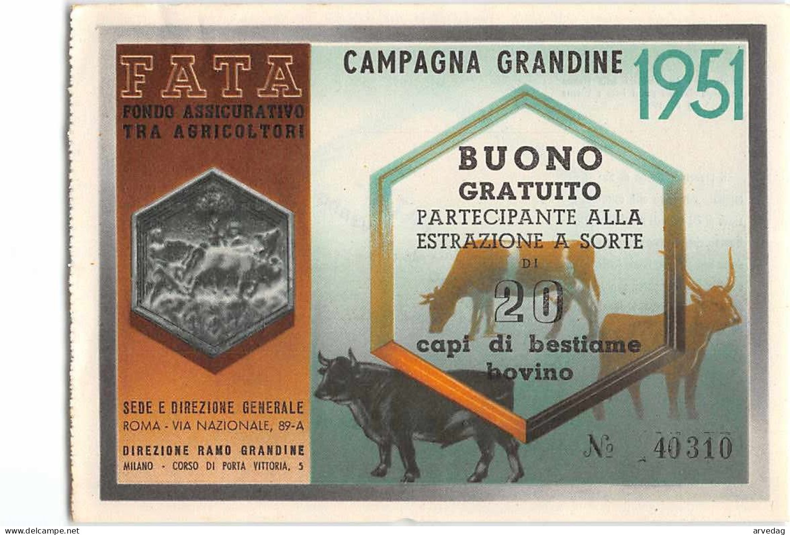 16069 01 FATA FONDO ASSICURATIVO AGRICOLTORI RAVENNA CAMPAGNA GRANDINI 1951  BUONO DI SORTEGGIO BOVINI - Lottery Tickets