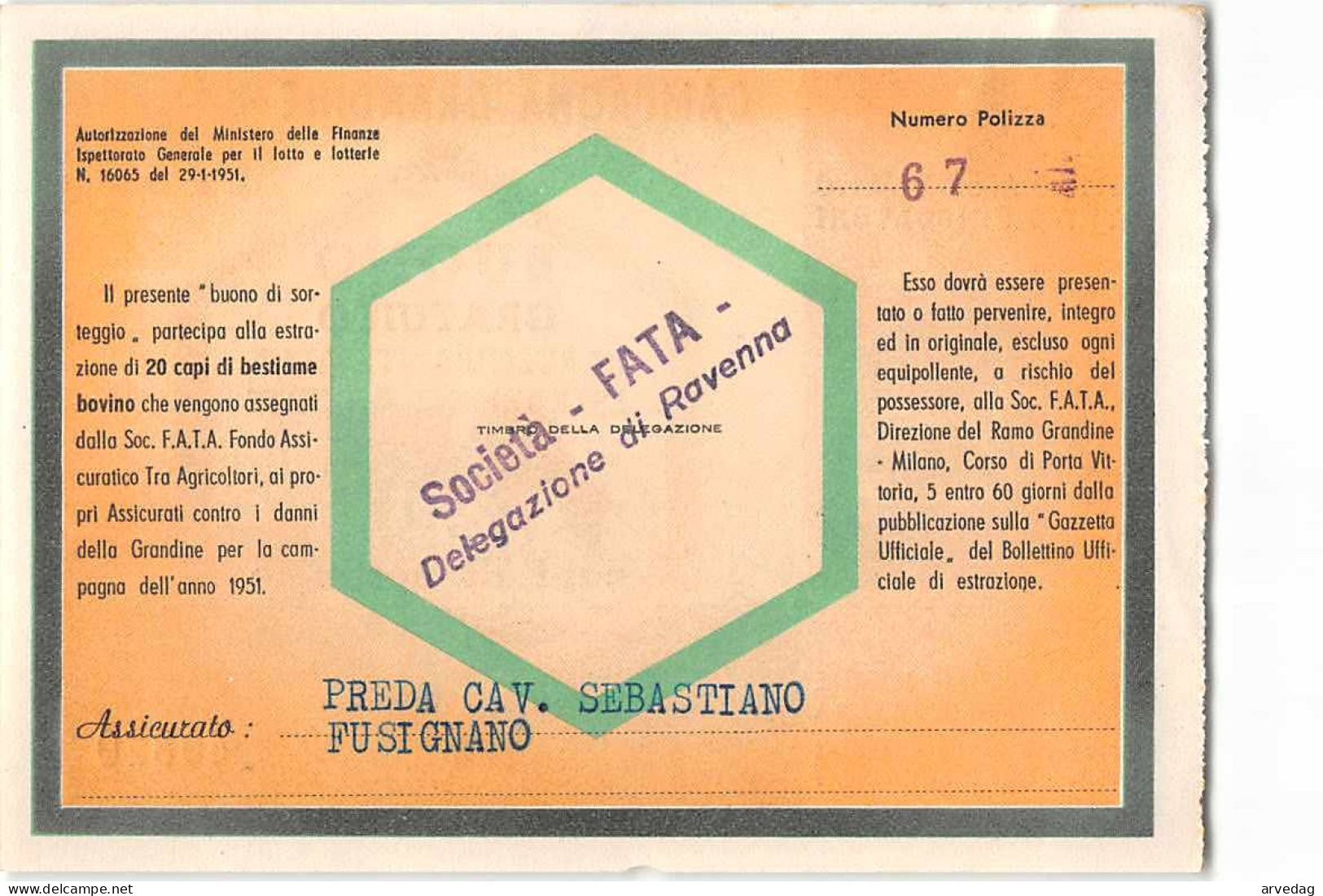 16069 01 FATA FONDO ASSICURATIVO AGRICOLTORI RAVENNA CAMPAGNA GRANDINI 1951  BUONO DI SORTEGGIO BOVINI - Lottery Tickets