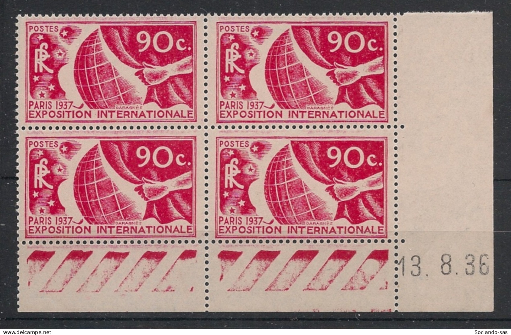 FRANCE - 1936 - N°YT. 326 - Exposition De Paris 90c Rouge - Bloc De 4 Coin Daté - Neuf Luxe** / MNH - 1930-1939