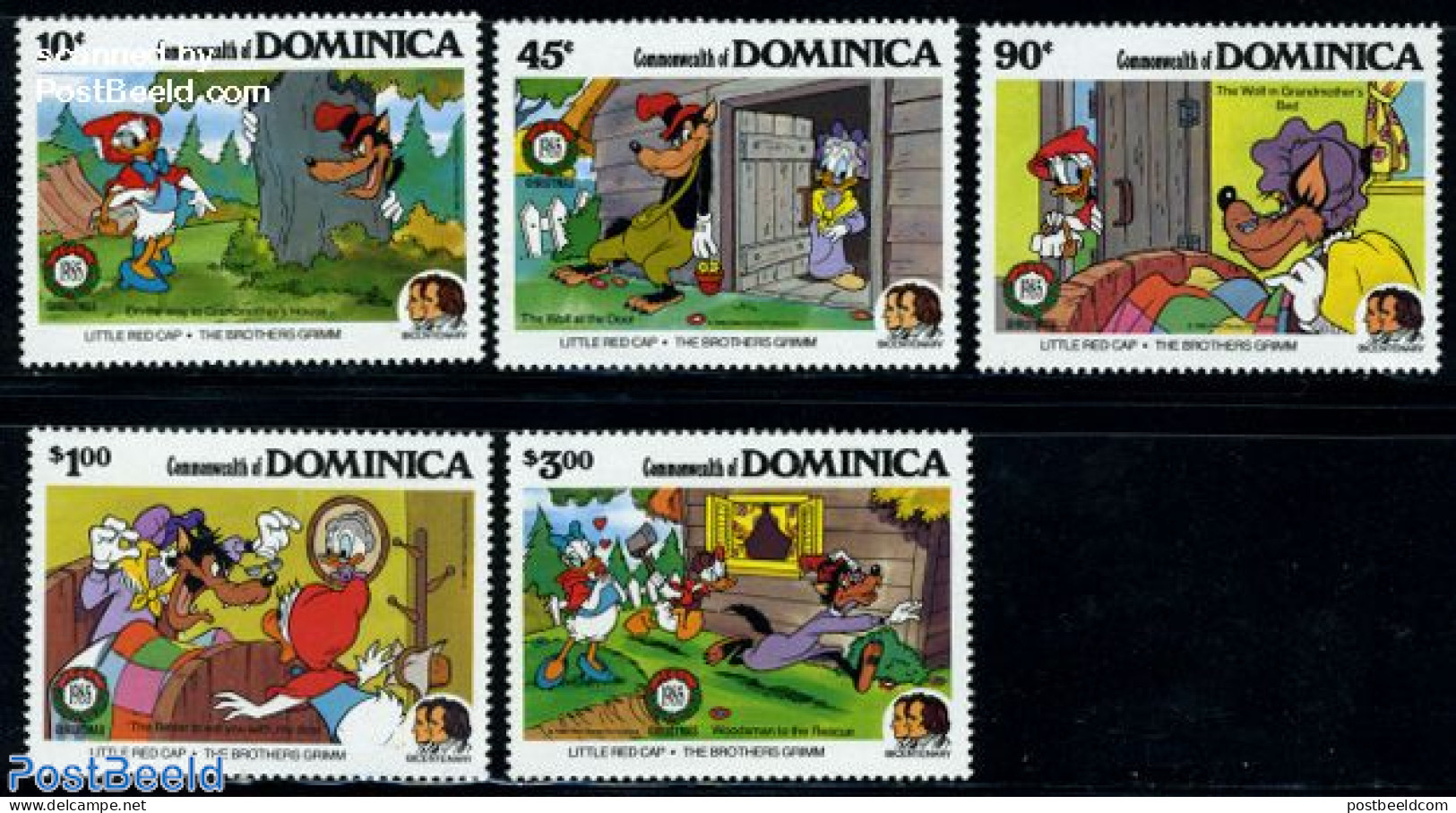 Dominica 1985 Christmas, Disney, Grimm 5v, Mint NH, Religion - Christmas - Art - Disney - Fairytales - Christmas