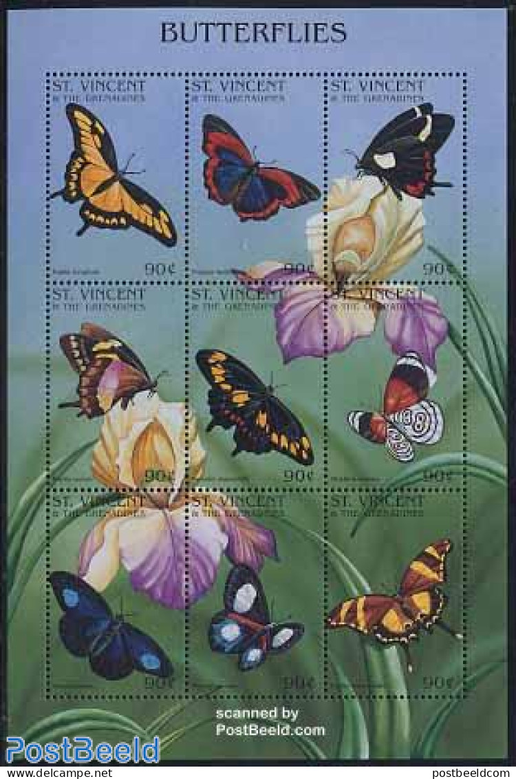 Saint Vincent 1996 Butterflies 9v M/s, Mint NH, Nature - Butterflies - Flowers & Plants - St.Vincent (1979-...)