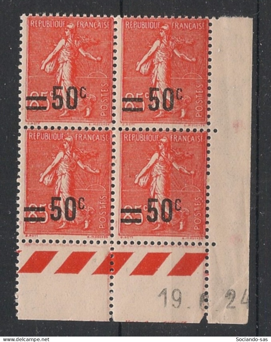 FRANCE - 1926 - N°YT. 221 - Type Semeuse 50c Sur 85c Rouge - Bloc De 4 Coin Daté - Neuf Luxe** / MNH - ....-1929