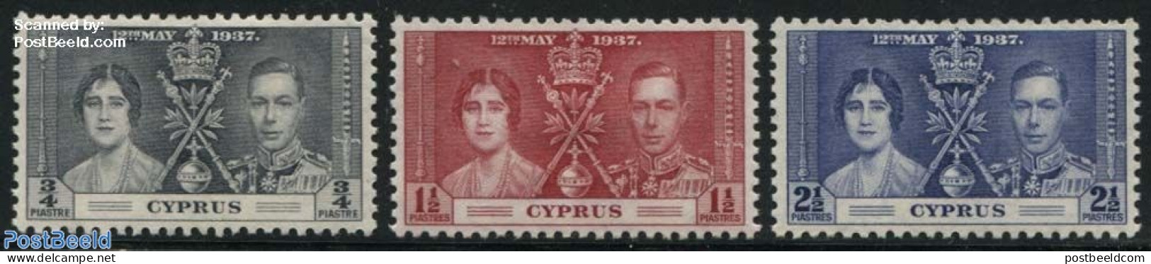 Cyprus 1937 Coronation 3v, Mint NH, History - Kings & Queens (Royalty) - Neufs