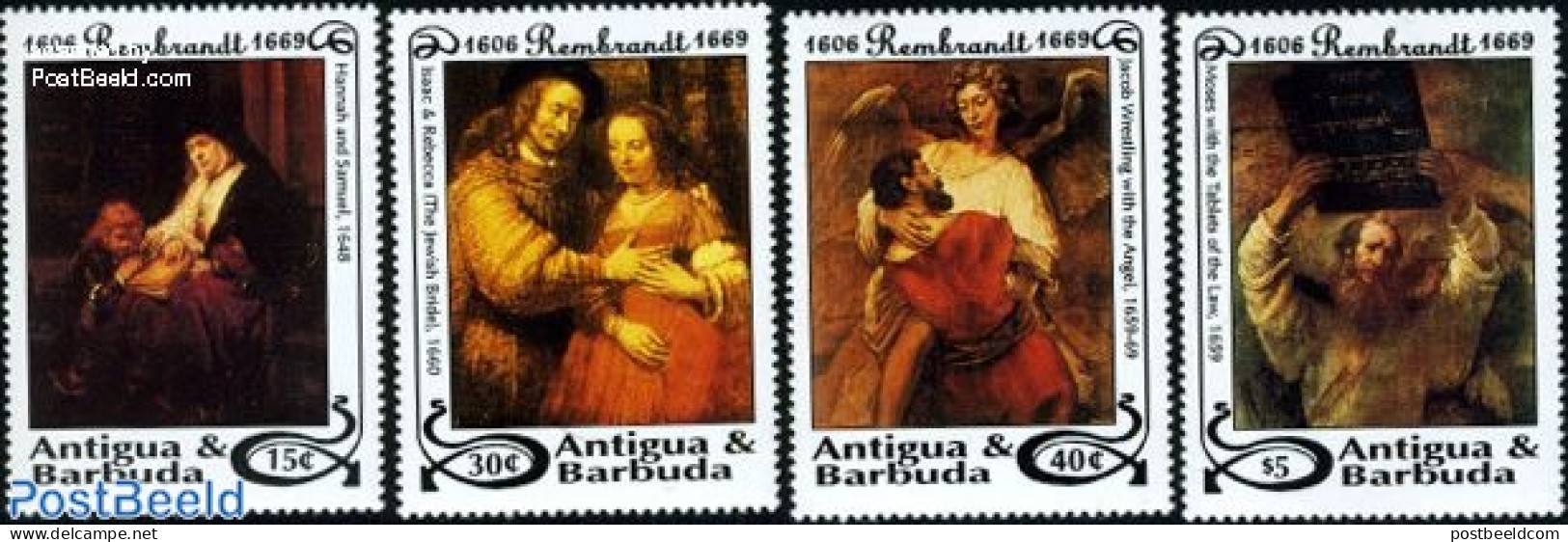 Antigua & Barbuda 1993 Rembrandt 4v, Mint NH, Art - Paintings - Rembrandt - Antigua And Barbuda (1981-...)