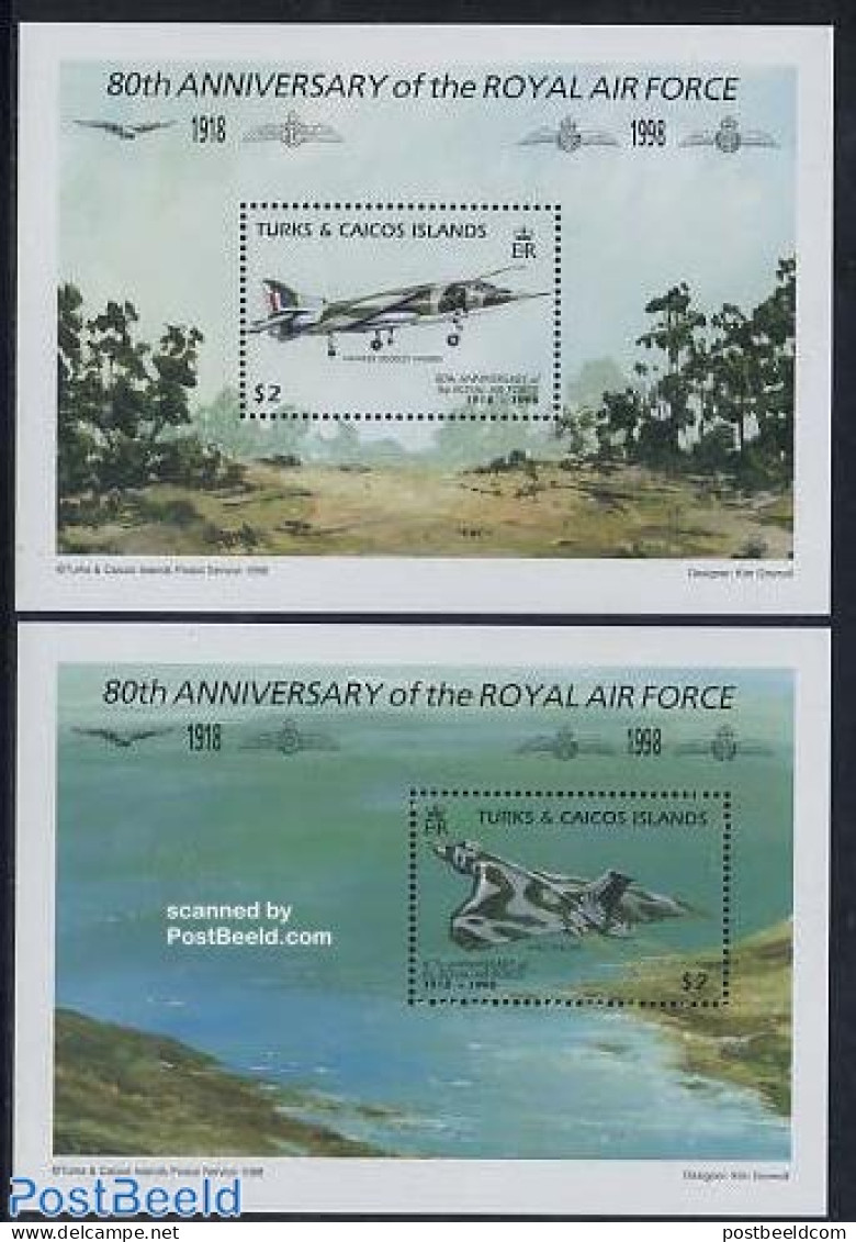 Turks And Caicos Islands 1998 80 Years R.A.F. 2 S/s, Mint NH, Transport - Aircraft & Aviation - Vliegtuigen