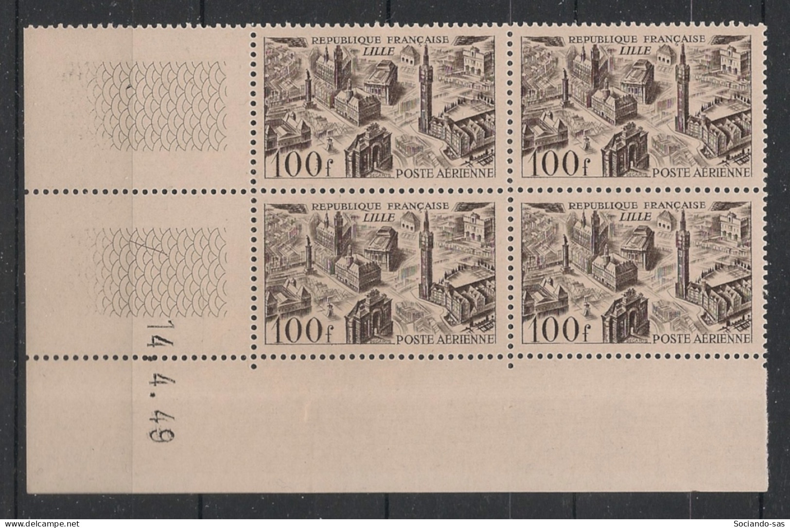 FRANCE - 1949 - Poste Aérienne PA N°YT. 24 - Lille 100f - Bloc De 4 Coin Daté - Neuf Luxe** / MNH - Luftpost