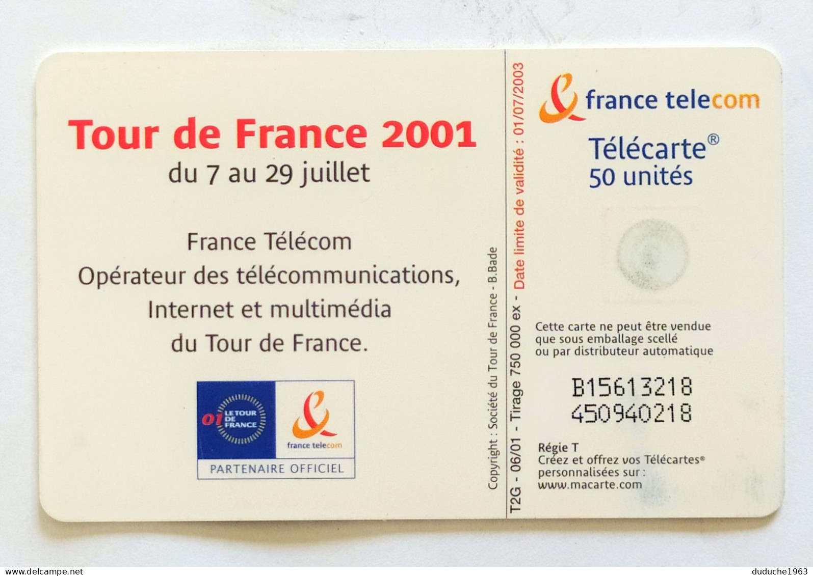 Télécarte France - Cyclisme Tour De France 2001 - Ohne Zuordnung