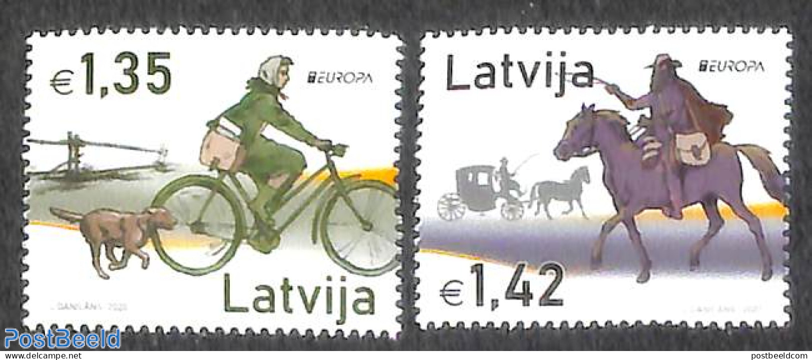 Latvia 2020 Europa, Old Postal Roads 2v, Mint NH, History - Nature - Sport - Transport - Europa (cept) - Dogs - Horses.. - Ciclismo