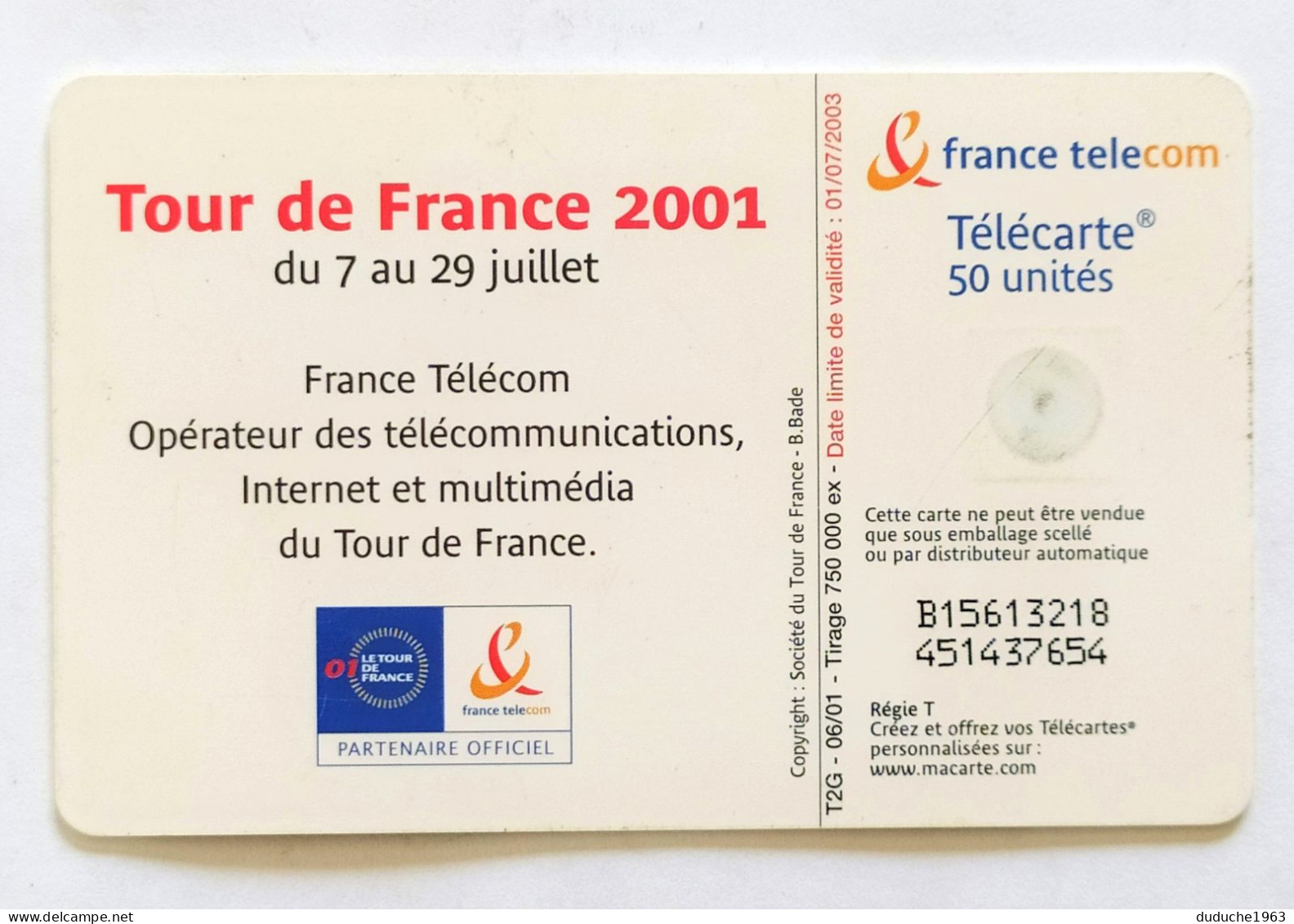 Télécarte France - Cyclisme Tour De France 2001 - Ohne Zuordnung