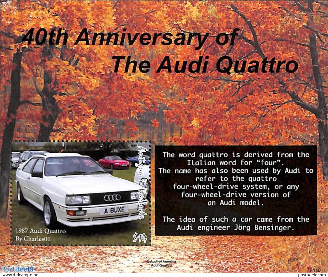 Antigua & Barbuda 2021 40 Years Audi Quattro S/s, Mint NH, Transport - Automobiles - Cars