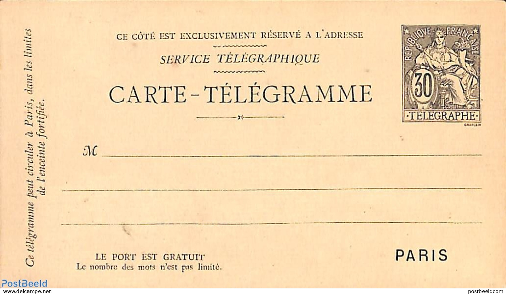 France 1885 Telegram Card 30c, Unused Postal Stationary - Telegramas Y Teléfonos