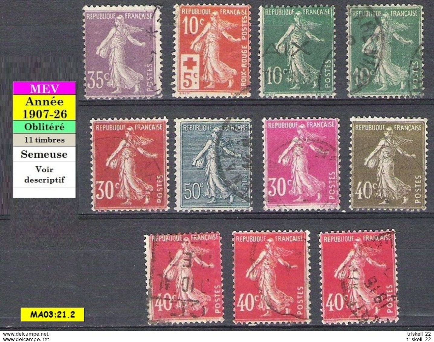 Timbre N° 142-147-159 (2 Ex)-160-161-191-193-194 (3 Ex) Type Semeuse - Used Stamps