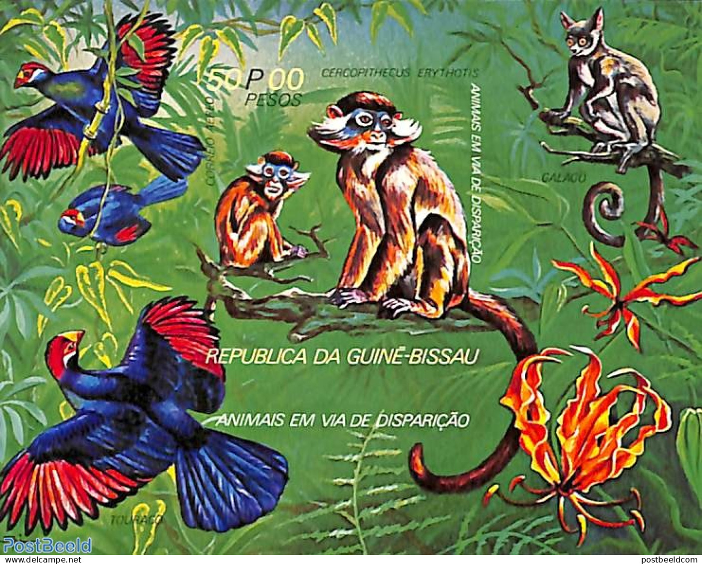 Guinea Bissau 1978 Endangered Animals S/s, Imperforated, Mint NH, Nature - Animals (others & Mixed) - Birds - Monkeys - Guinée-Bissau