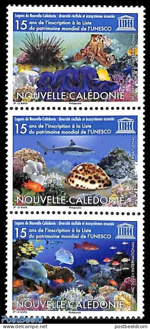 New Caledonia 2023 LAGOONS 3V [::], Mint NH, Nature - Fish - Shells & Crustaceans - Corals - Sharks - Unused Stamps