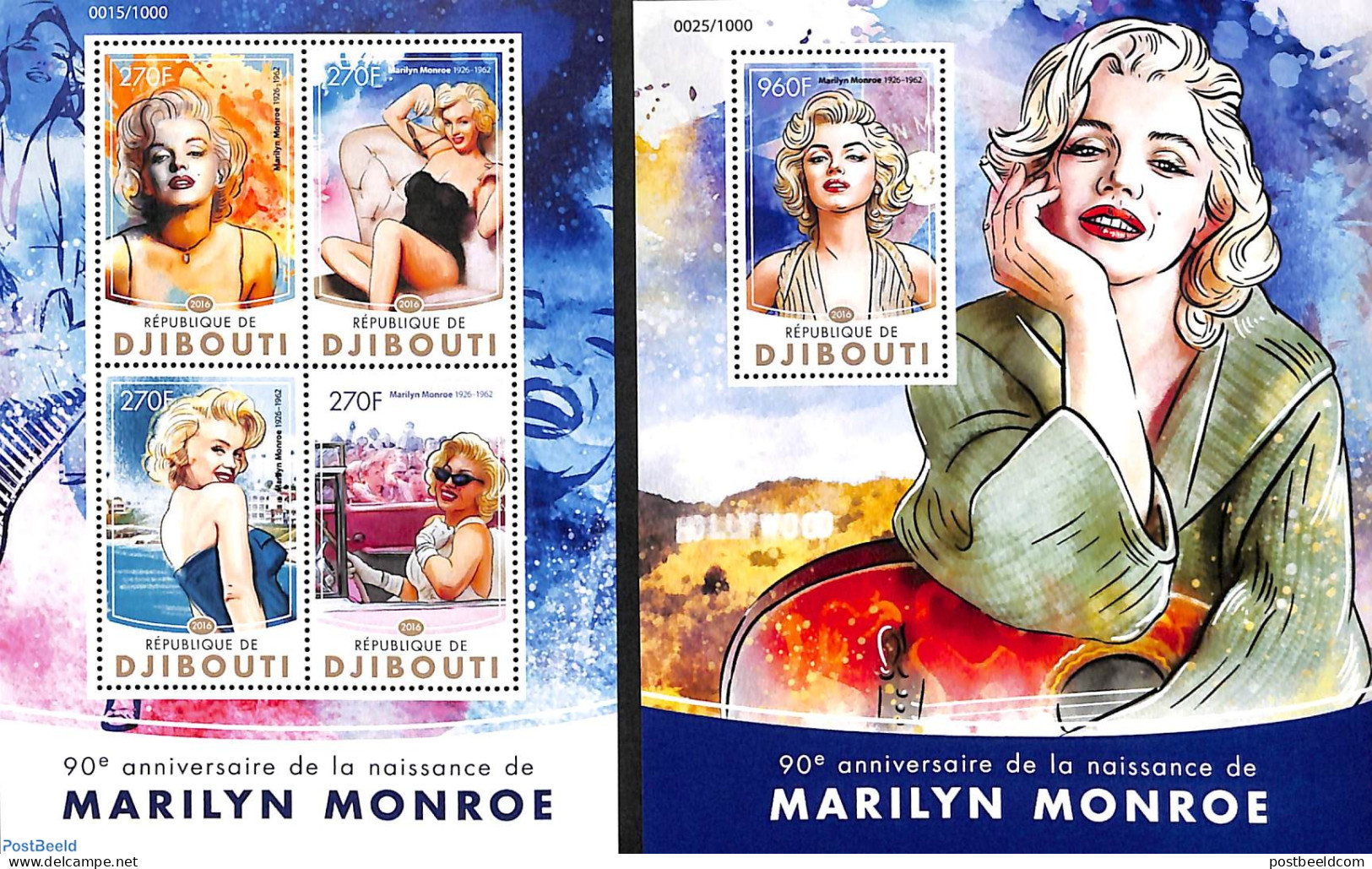 Djibouti 2016 Marilyn Monroe 2 S/s, Mint NH, Performance Art - Marilyn Monroe - Movie Stars - Actors