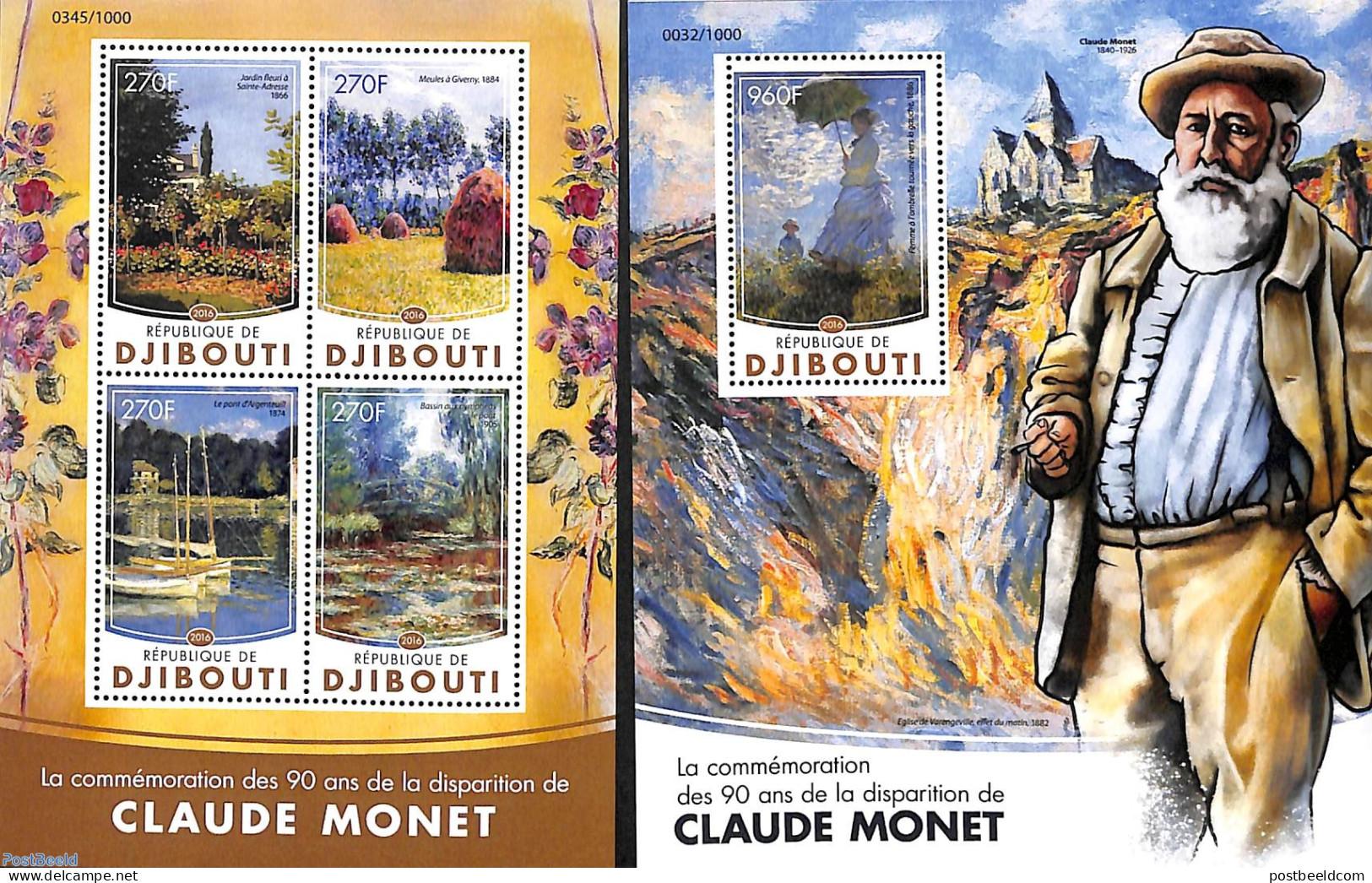 Djibouti 2016 Claude Monet 2 S/s, Mint NH, Art - Modern Art (1850-present) - Paintings - Djibouti (1977-...)