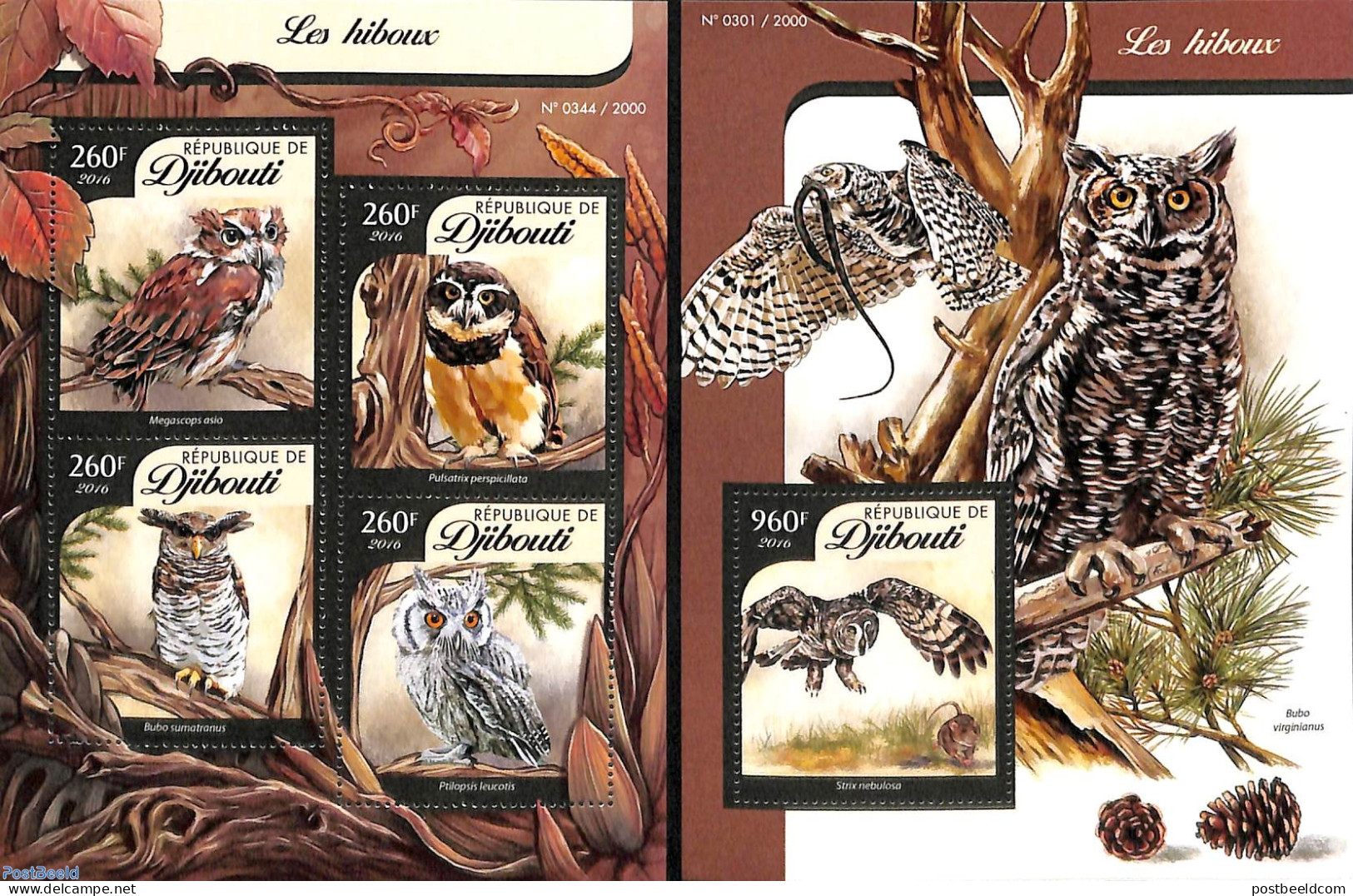 Djibouti 2016 Owls 2 S/s, Mint NH, Nature - Birds - Birds Of Prey - Owls - Dschibuti (1977-...)