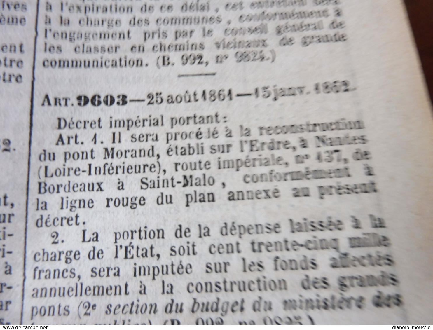 1862  RECUEIL des LOIS : Tableaux de population des départements de l'Empire  ;Reconstruction Pont MORAND à Nantes; Etc