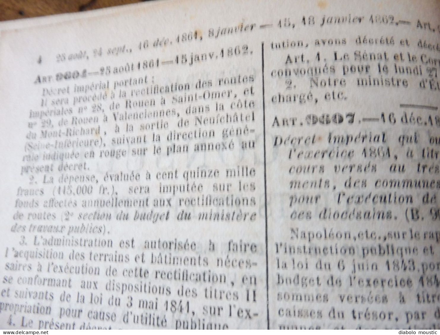 1862  RECUEIL des LOIS : Tableaux de population des départements de l'Empire  ;Reconstruction Pont MORAND à Nantes; Etc