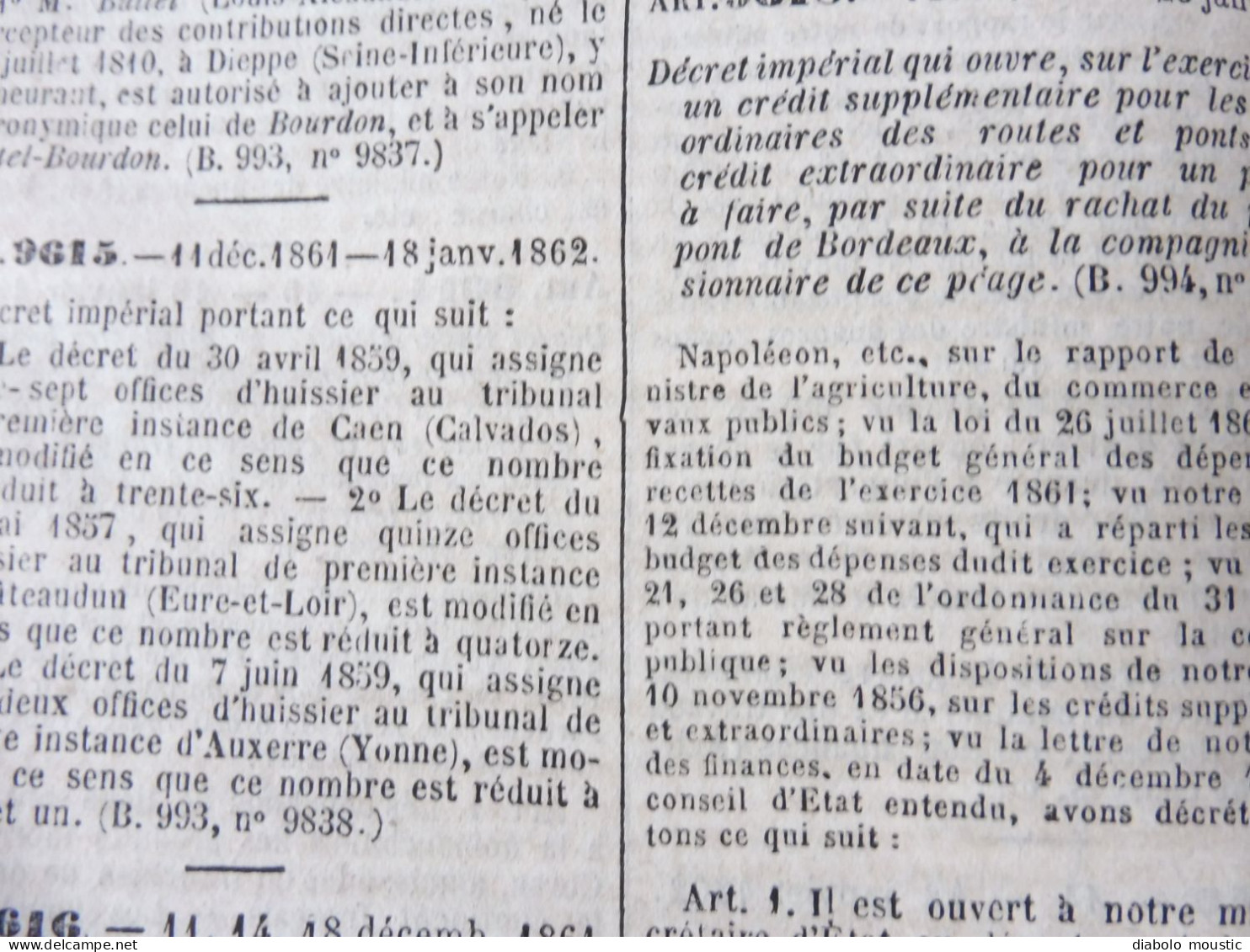 1862  RECUEIL des LOIS : Tableaux de population des départements de l'Empire  ;Reconstruction Pont MORAND à Nantes; Etc