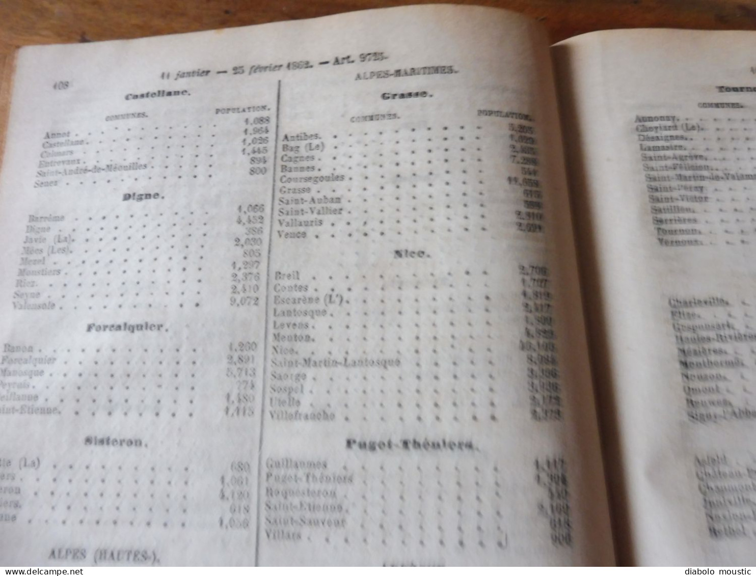 IMPORTANT , Année 1862  Population des VILLES de FRANCE par départements ;Reconstruction Pont MORAND à Nantes; Etc