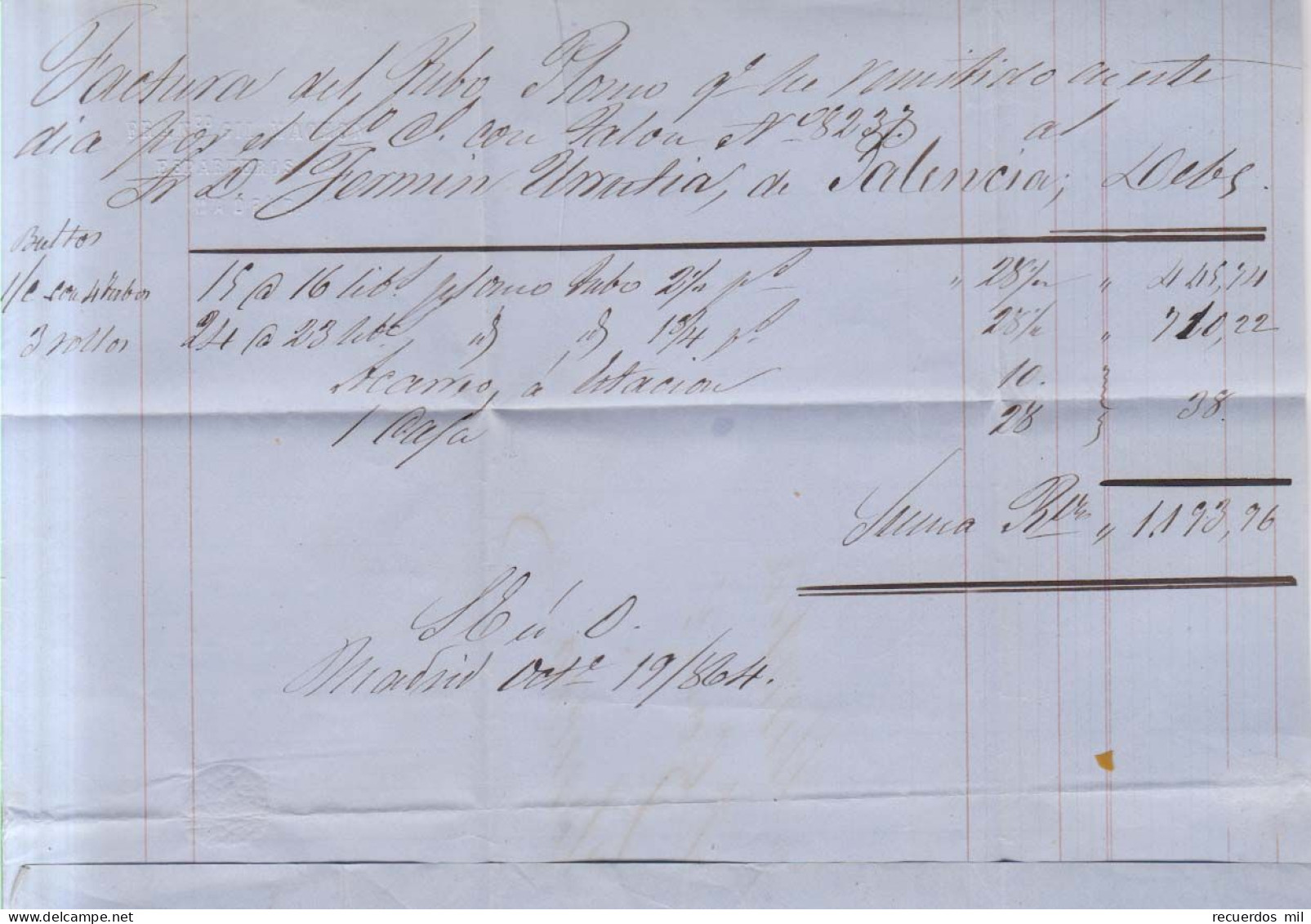 Año 1864 Edifil 64 Isabel II Carta Factura A Palencia Matasellos Rejilla Cifra 1 Madrid  Membrete Francisco Gil Machon - Lettres & Documents