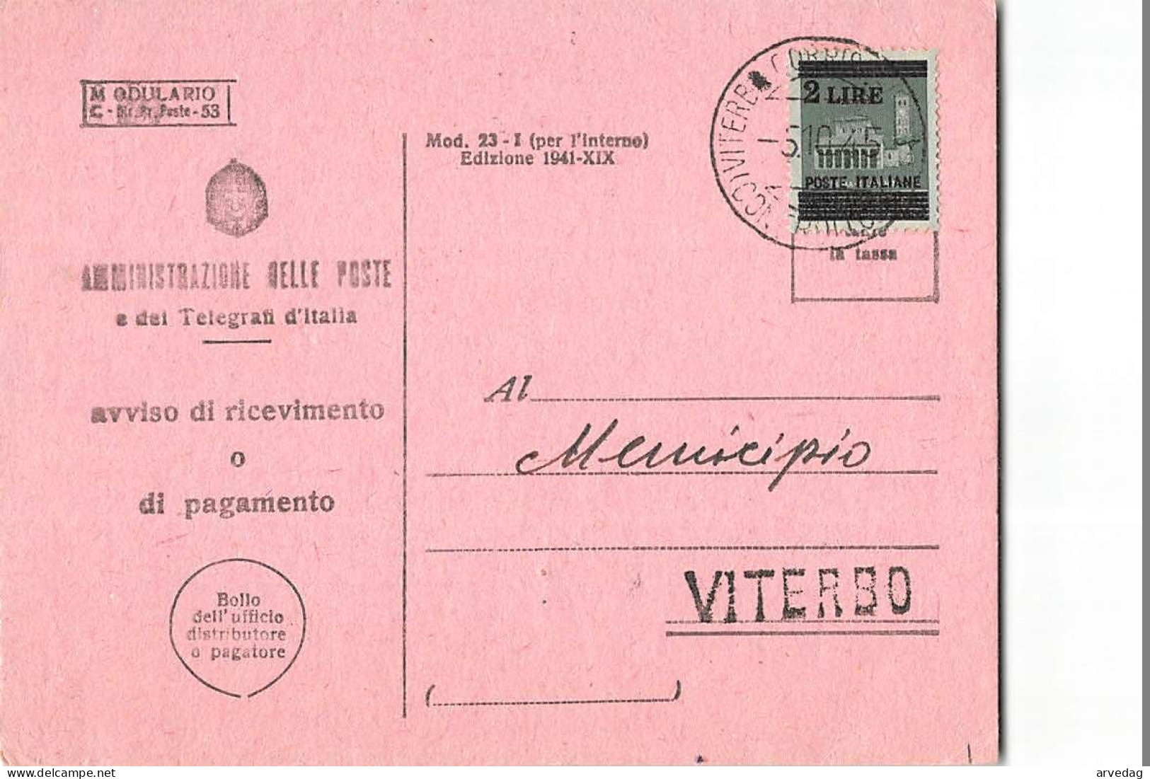 16140 01  LUOGOTENENZA AVVISO DI RICEVIMENTO PAGAMENTO VITERBO MILANO - Storia Postale