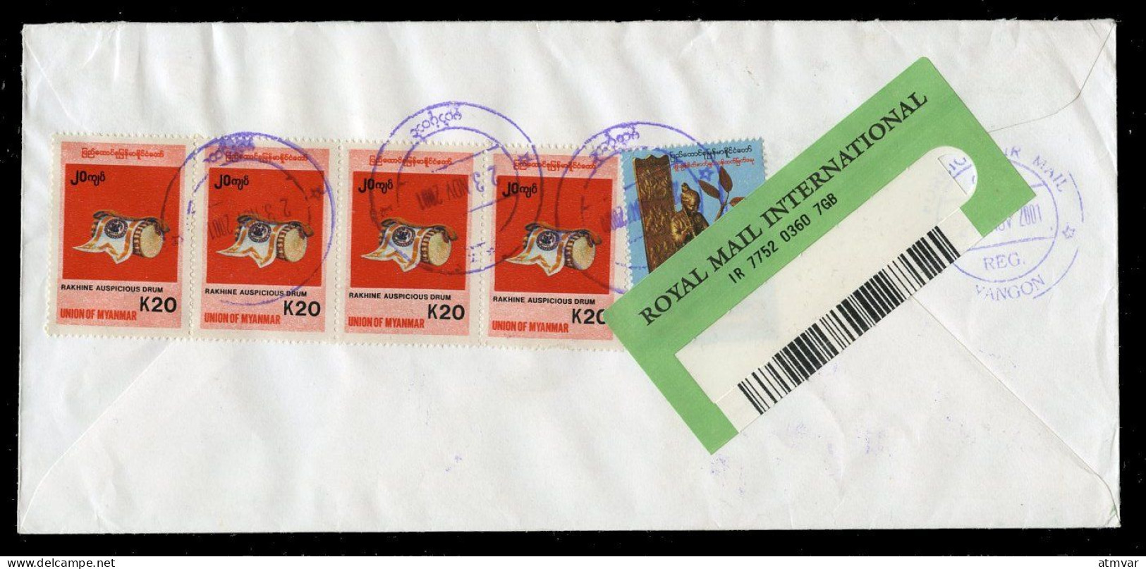 MYANMAR / BURMA (2001) Registered Airmail Letter, Lettre Recommandée, Rakhine Auspicious Drum, Yangon - Myanmar (Birma 1948-...)