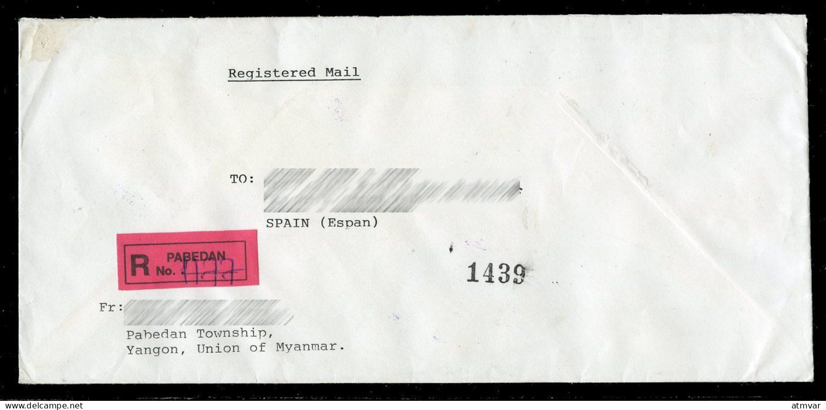MYANMAR / BURMA (2001) Registered Airmail Letter, Lettre Recommandée, Rakhine Auspicious Drum, Yangon - Myanmar (Birmanie 1948-...)