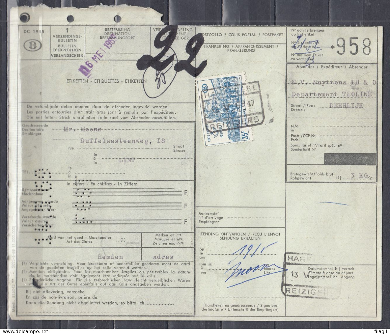 Vrachtbrief Met Stempel HARELBEKE REIZIGERS - Documents & Fragments