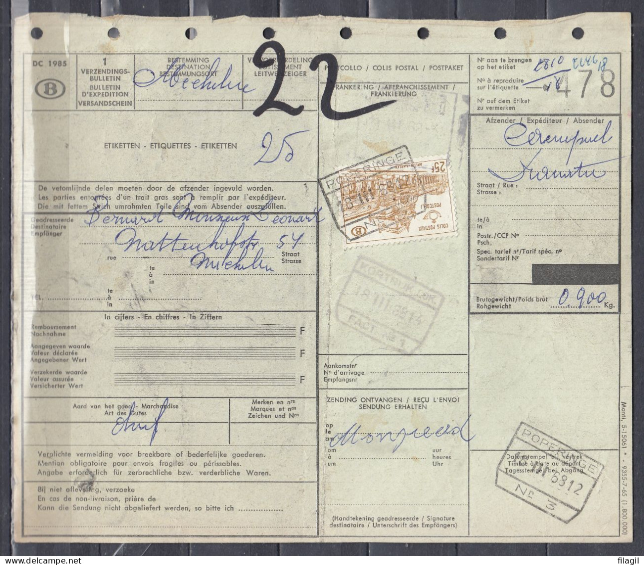 Vrachtbrief Met Stempel POPERINGE N°3 - Documents & Fragments