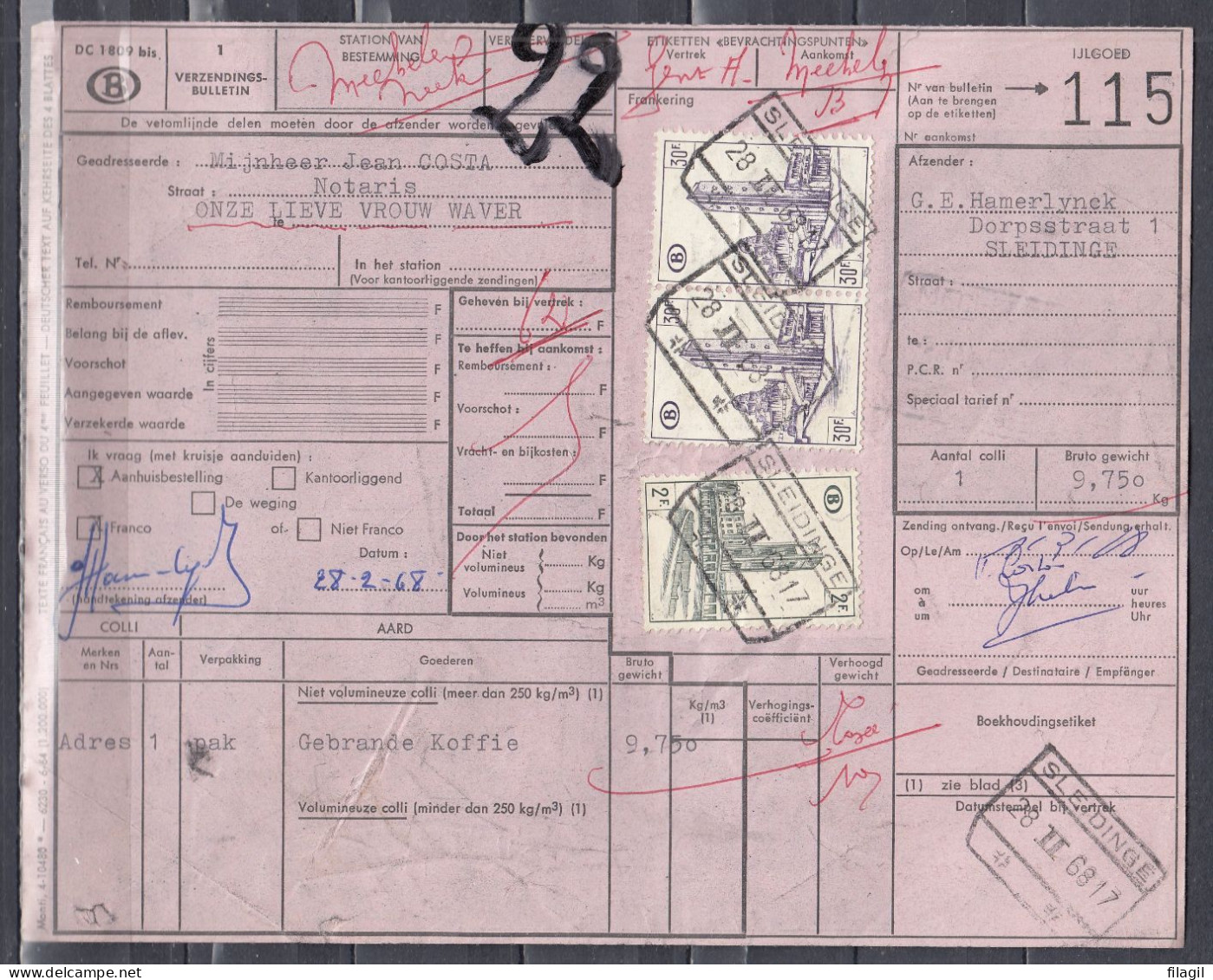 Vrachtbrief Met Stempel SLEIDINGE - Documentos & Fragmentos