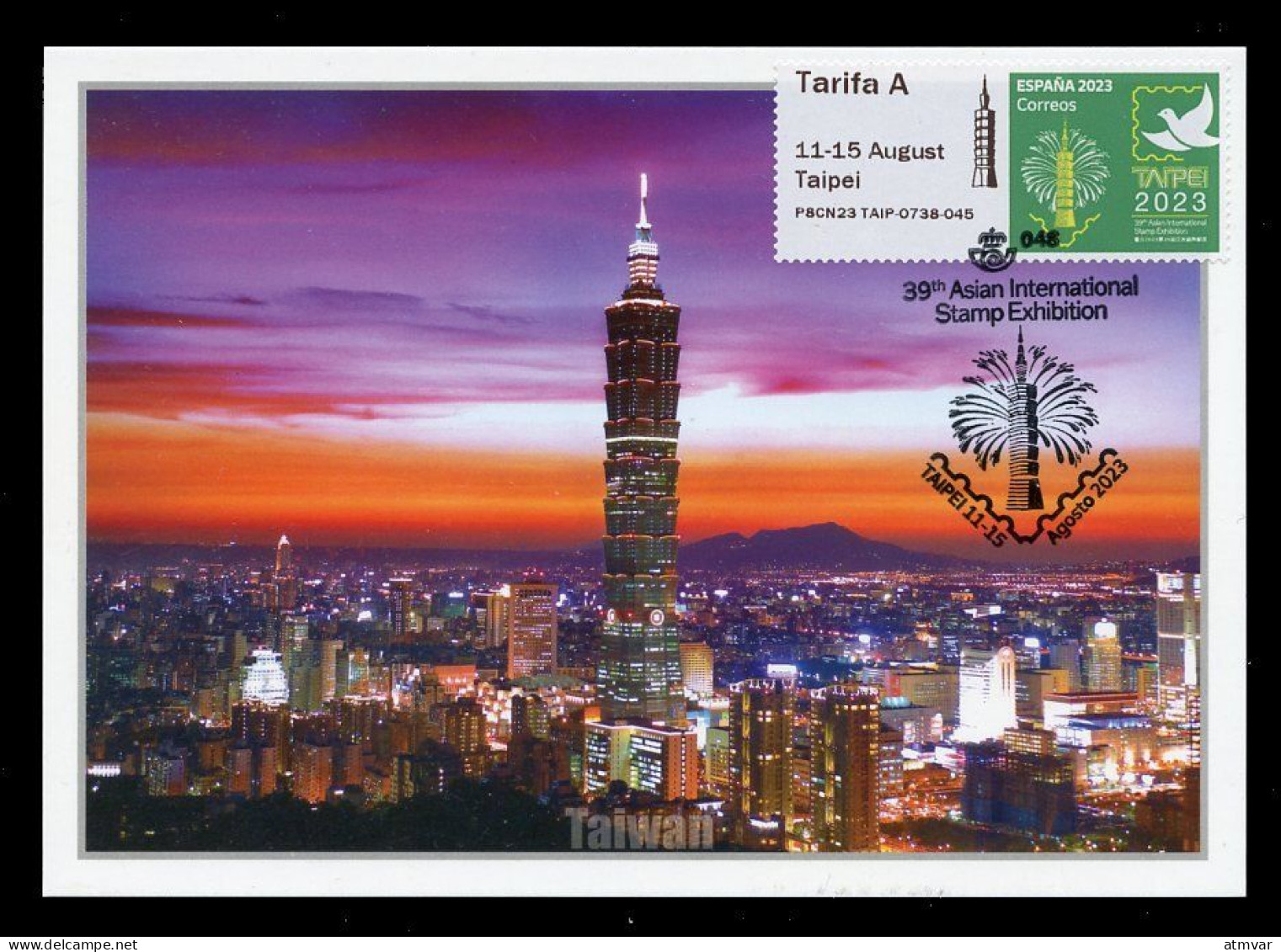 ESPAÑA (2023) ATM Tarifa A - Carte Maximum Card 39th Asian Inter. Stamp Exhibition Taipei - Taipei 101, Dove, Fireworks - Cartes Maximum