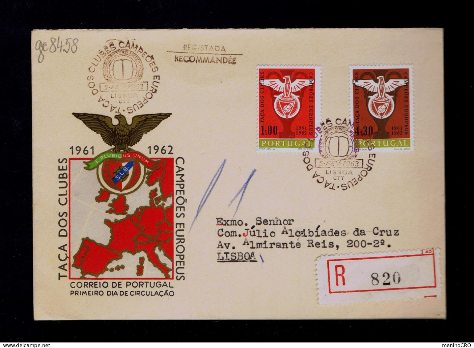 Gc8458 PORTUGAL "BENFICA 61/62" European Clubs Championships Fdc 1963 Pmk Lisboa (mailed SCARCE) Soccer Football Sports - Otros & Sin Clasificación