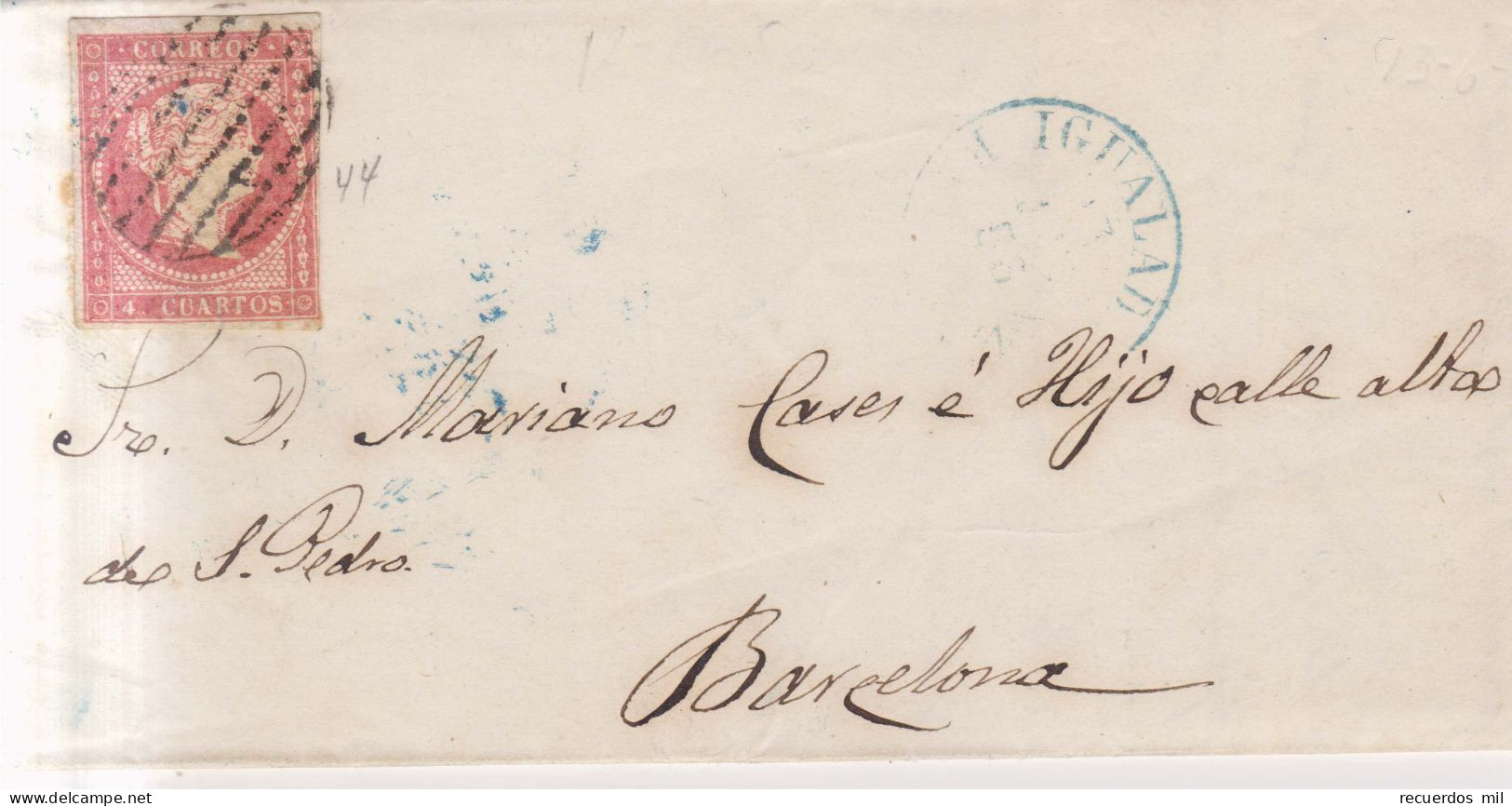 Año 1856 Edifil 44 Isabel II Carta Matasellos Rejilla Y Azul Igualada Salvador Font - Brieven En Documenten