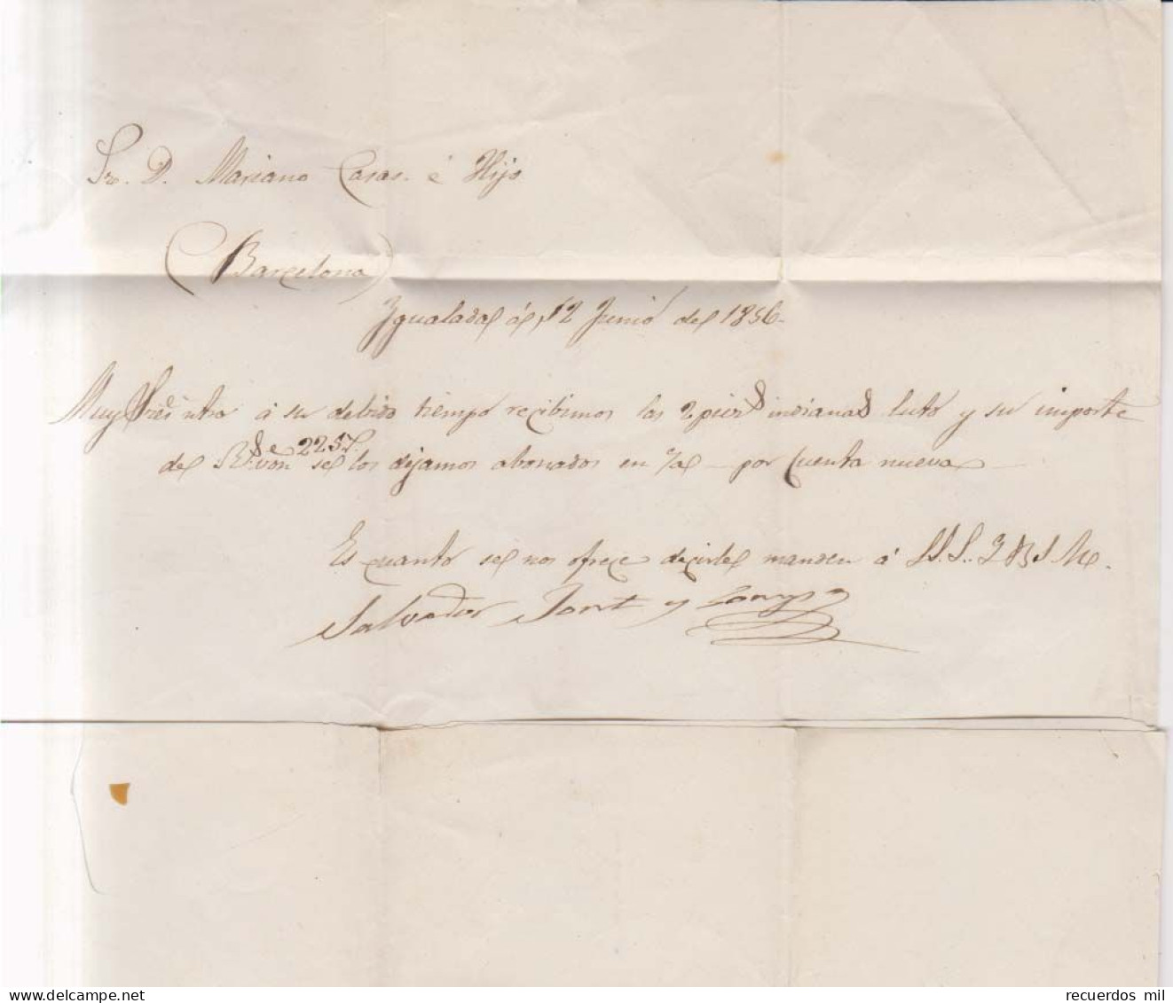 Año 1856 Edifil 44 Isabel II Carta Matasellos Rejilla Y Azul Igualada Salvador Font - Briefe U. Dokumente