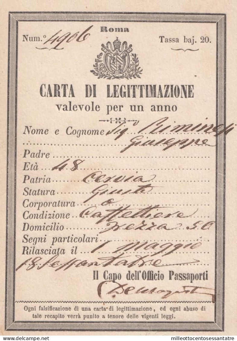 3011 - PONTIFICIO - "Carta Di Legittimazione" Del 1° Maggio 1863 - Kirchenstaaten