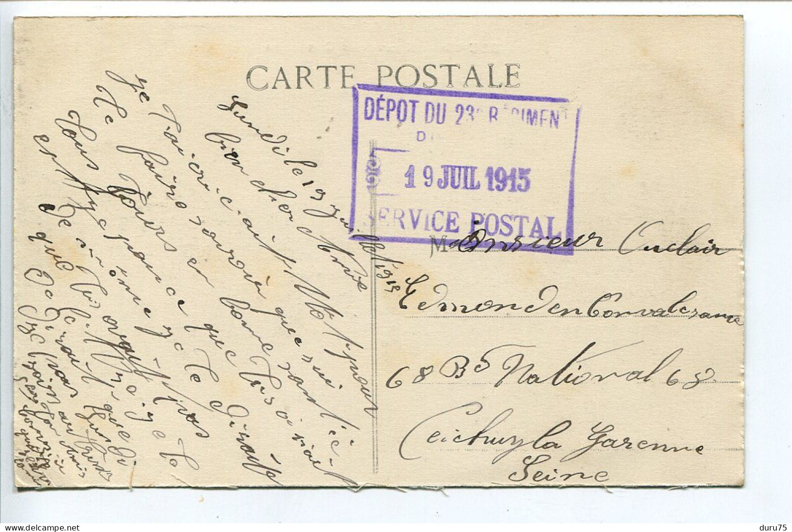 CPA Ecrite + CACHET Dépôt Du 23e Régiment (d'infanterie ?) 19 Juillet 1915 BOURG En BRESSE Nouvelles Casernes - Kasernen