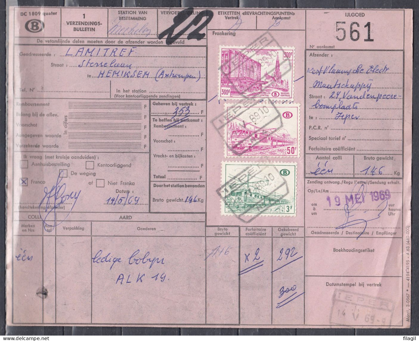 Vrachtbrief Met Stempel IEPER N°4 - Documents & Fragments