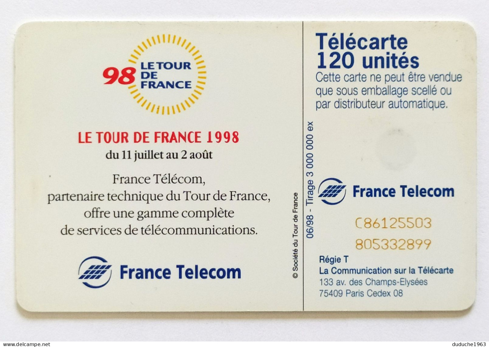 Télécarte France - Cyclisme Tour De France 1998 - Ohne Zuordnung