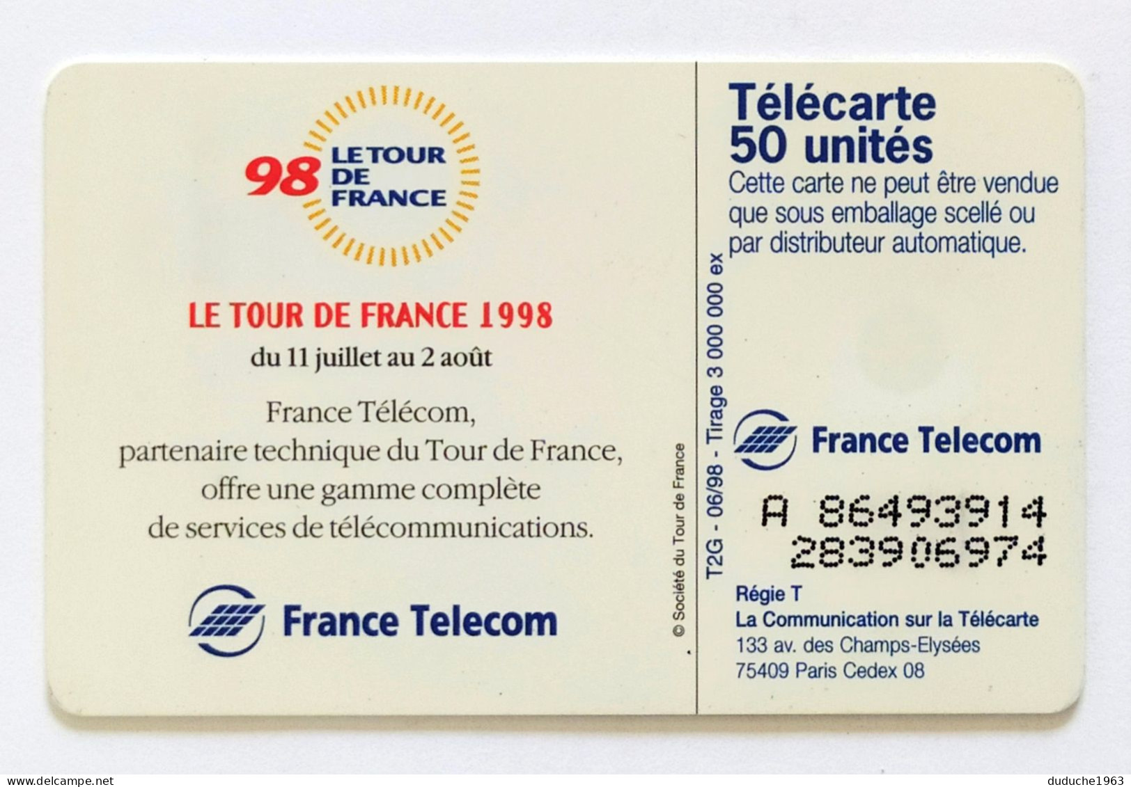 Télécarte France - Cyclisme Tour De France 1998 - Ohne Zuordnung