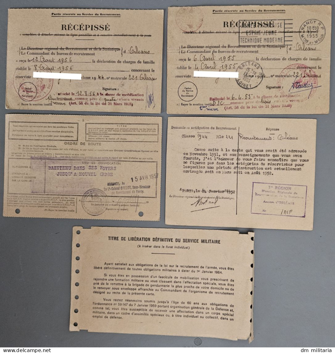 LOT 5 Documents : SERVICE MILITAIRE CLASSE 1944 - 54 NANCY - 45 ORLÉANS - Documenti