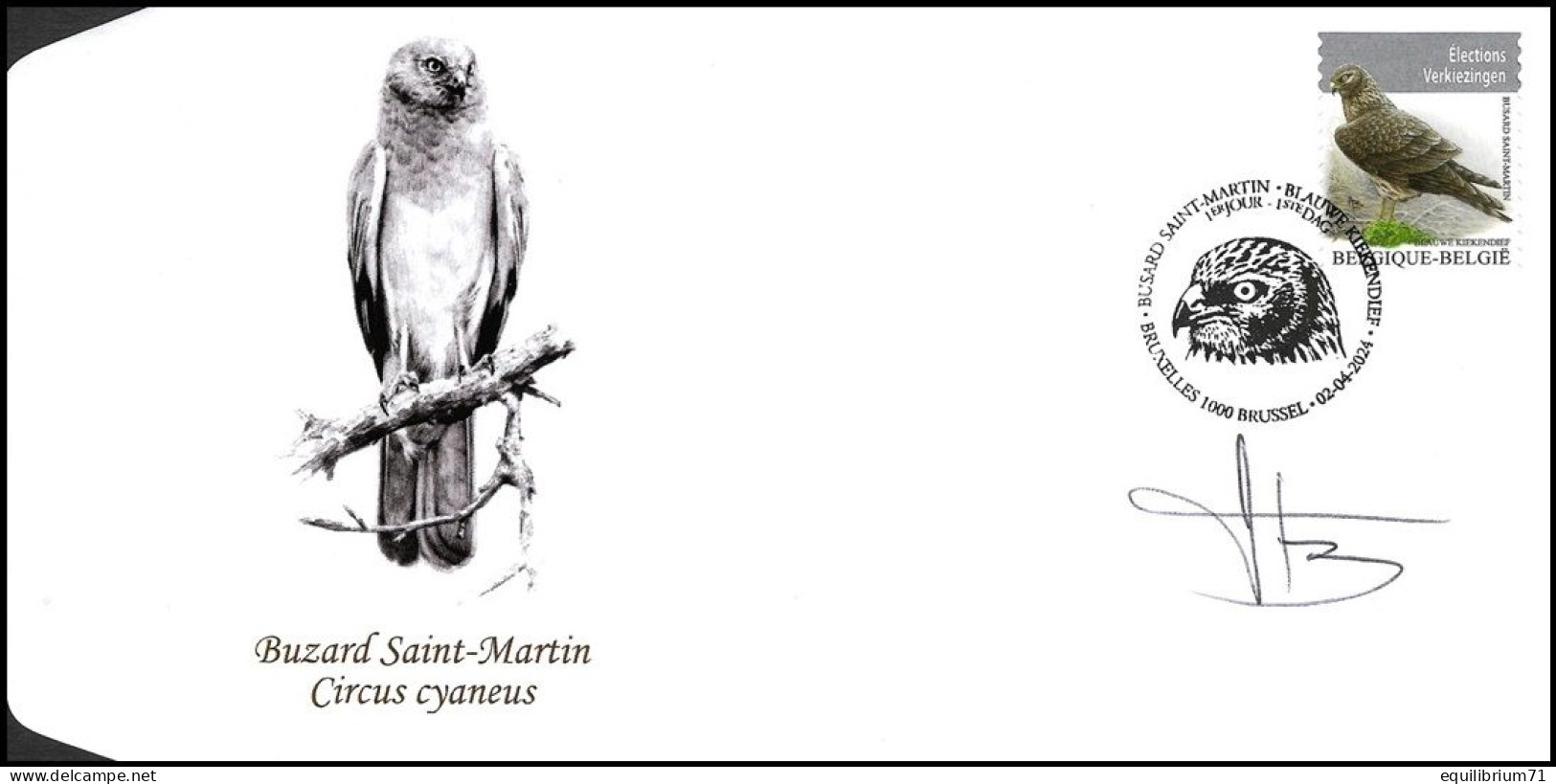 Busard Saint-Martin / Blauwe Kiekendief  - FDC° -  BXL-BSL - 02-04-2024 - BUZIN - SIGNÉ/GETEKEND - RRR (- De/dan 10) - 1985-.. Oiseaux (Buzin)