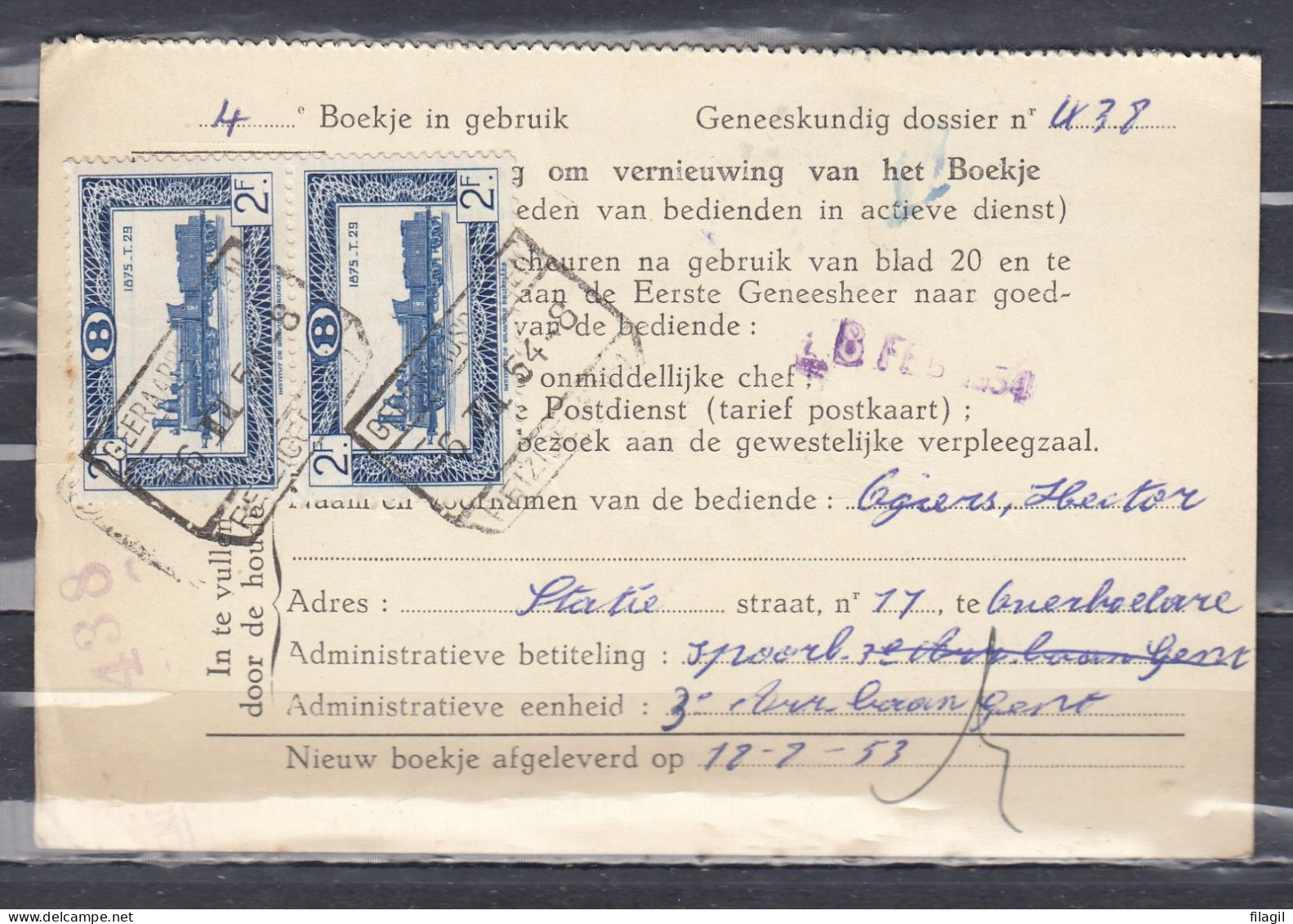 Kaartje Van Geneeskundige Dienst Van Geeraardsbergen Reizigers - Documents & Fragments