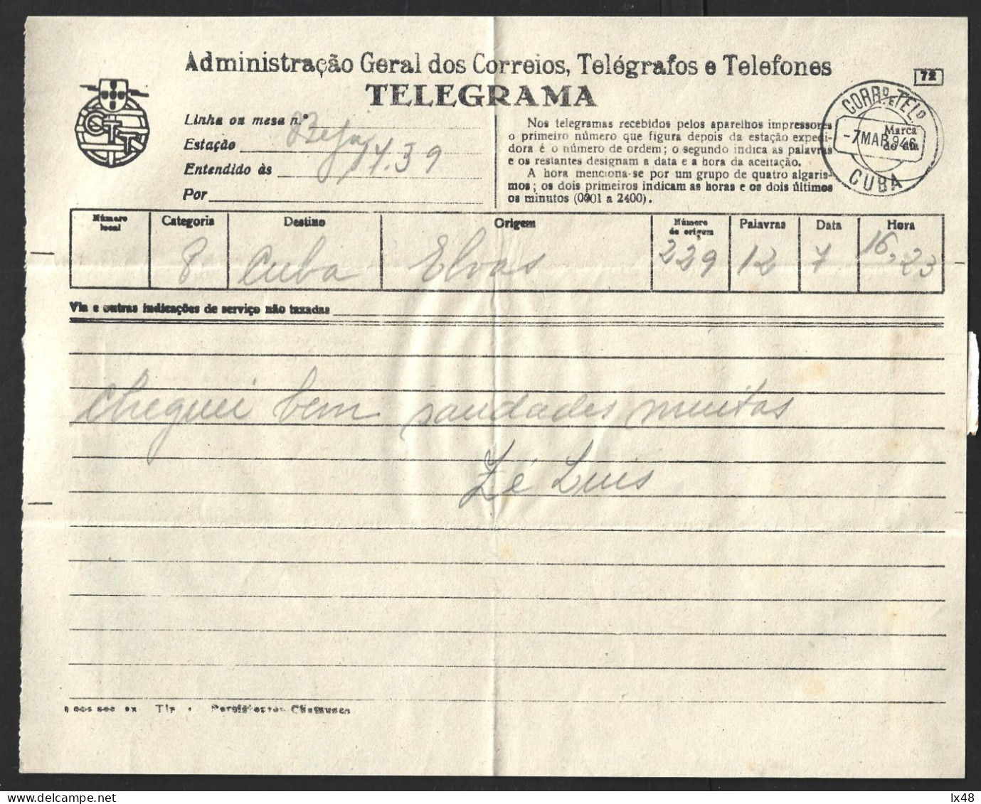 Telegram Circulated In 1946, Obliteration Of Cuba, Alentejo. Telegrama Circulado 1946, Obliteração Cuba, Alentejo.  Tele - Briefe U. Dokumente